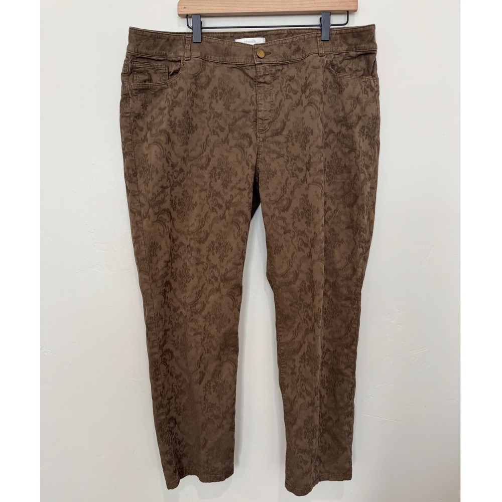 Chicos Brown Floral Damask Jacquard So Slimming Pants 16 Size 3 Stretch Straight